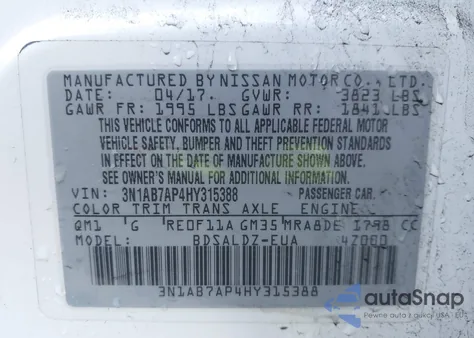 2017 Nissan Sentra Sv из США, поврежденный, VIN 3N1AB7AP4HY315388